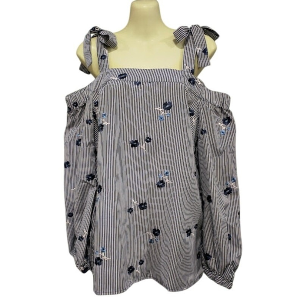 Michael Kors Navy Striped Embroidered Off Shoulder Top -‎ Size S - NWT